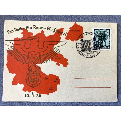 Ein Volk Ein Reich Ein Fuhrer 10.4.38 Postcard