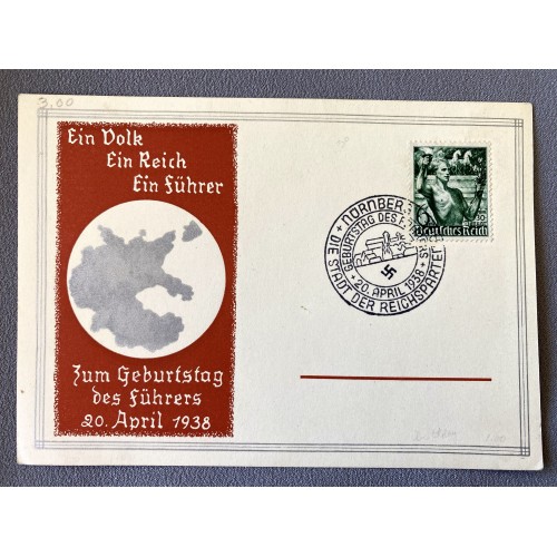Ein Volk Ein Reich Ein Fuhrer zum Geburtstag des Fuhrer 20. April 1938 Postcard # 6991