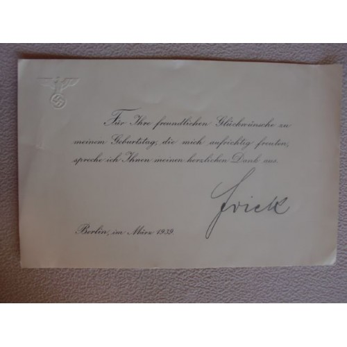 Wilhelm Frick Thank You Card # 1451