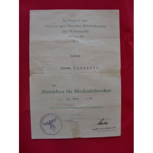 Blockade Runner Award Document